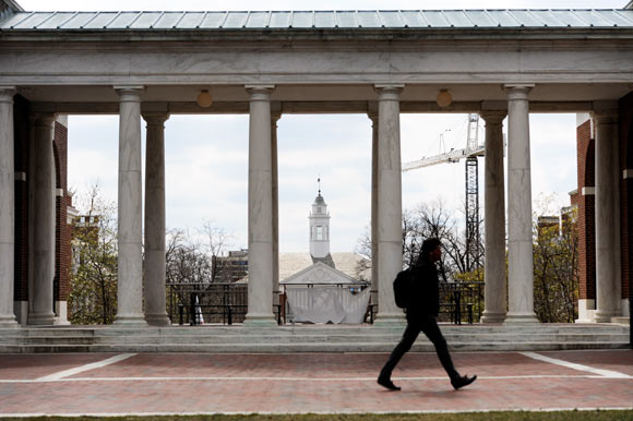 A crane works at Johns Hopkins University