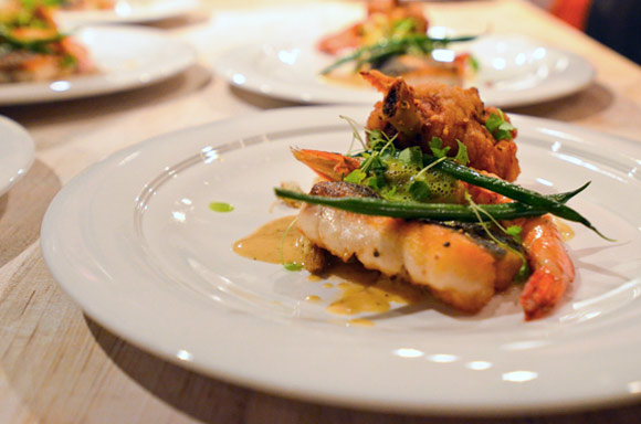 Eastern Shore buffet plate of whole shrimp, Maryland-fried drummy, crispy skin rockfish. 