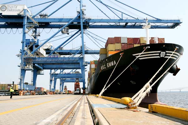 A ship is docked for loading at the Port of Baltimore