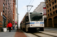 An MTA train in downtown Baltimore City